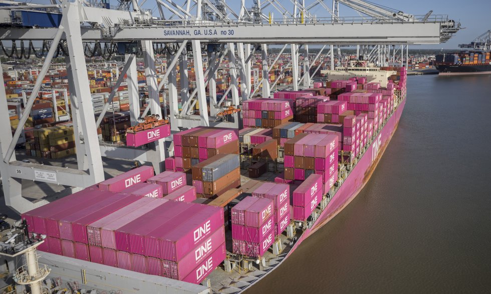 Cranes work the ONE Modern at the Port of Savannah’s Garden City Terminal, Tuesday, June 18, 2024. The vessel call was the first in a new container service between West India and Georgia Ports. 